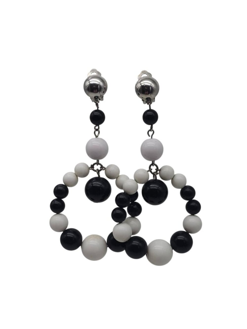 Vintage Black White Clip On Beaded Hoop Earrings 3.5" Drop Dangle Plastic Lucite